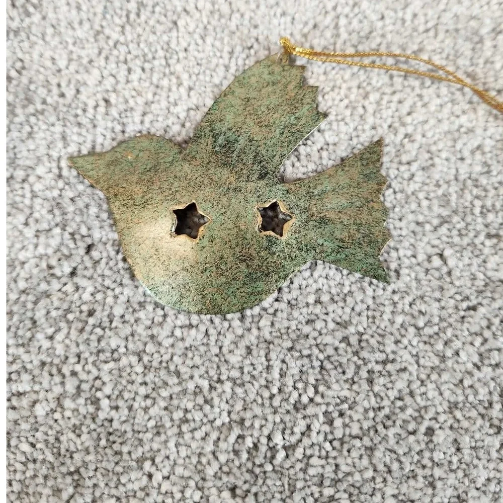 Metal Ornaments Green Gold Bird Star Rustic Verdigris Set of 2